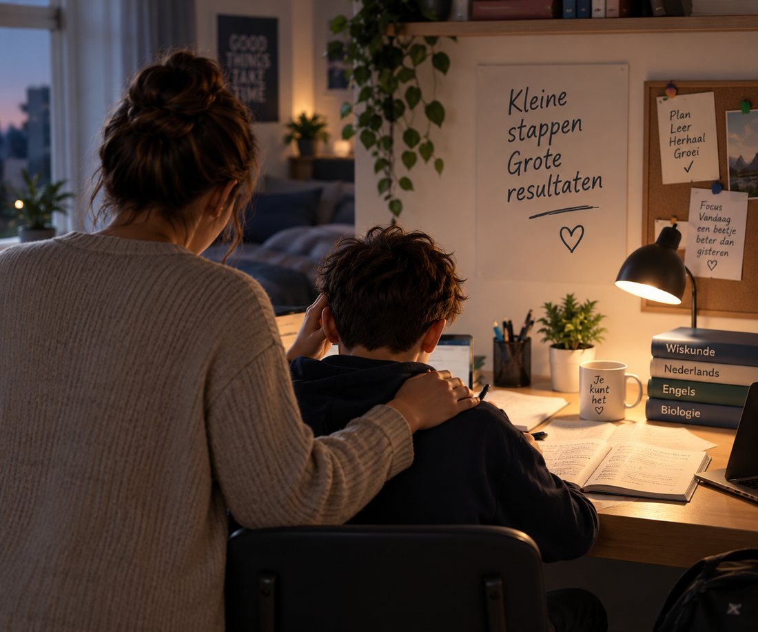 Een ouder zit met een hand op de schouder van haar zoon naast hem aan zijn bureau; op de muur staat &ldquo;Kleine stappen, grote resultaten&rdquo;.