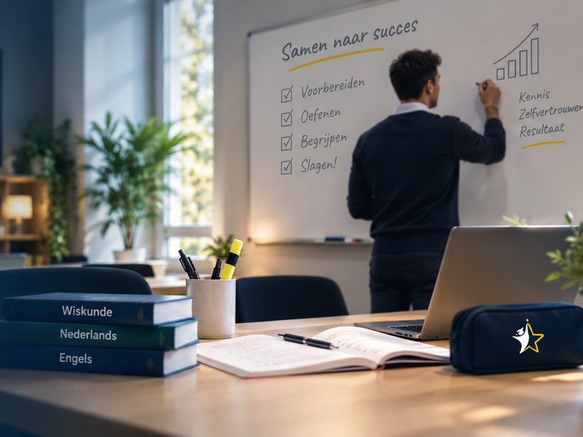 Een begeleider schrijft op een whiteboard met de stappen voorbereiden, oefenen, begrijpen en slagen; op tafel liggen boeken voor wiskunde, Nederlands en Engels.