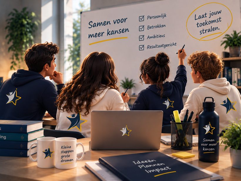 Vier leerlingen in truien van Sterren van Straks werken samen aan een whiteboard met „Samen voor meer kansen”.