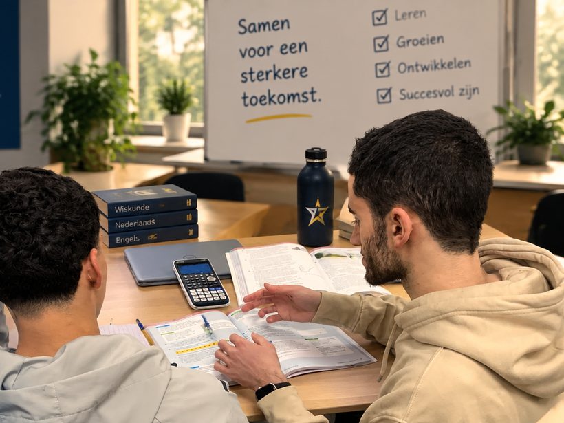 Twee leerlingen werken samen aan een tafel met een rekenmachine en opengeslagen boeken; op het whiteboard staat „Samen voor een sterkere toekomst”.