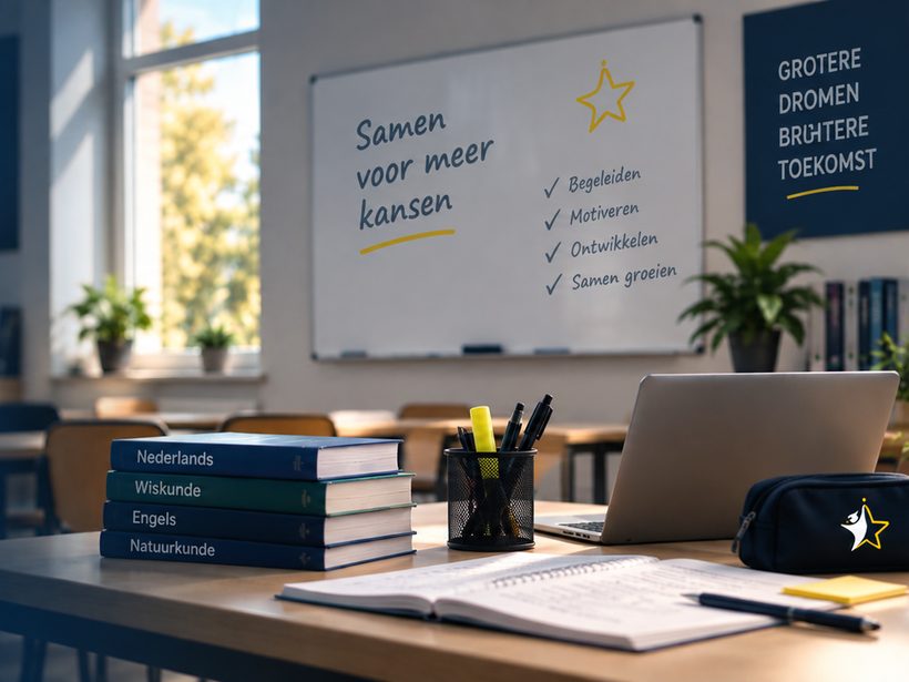 Een licht klaslokaal met boeken op tafel, een poster met „Elk kind heeft talent” en een whiteboard met „Samen voor meer kansen”.