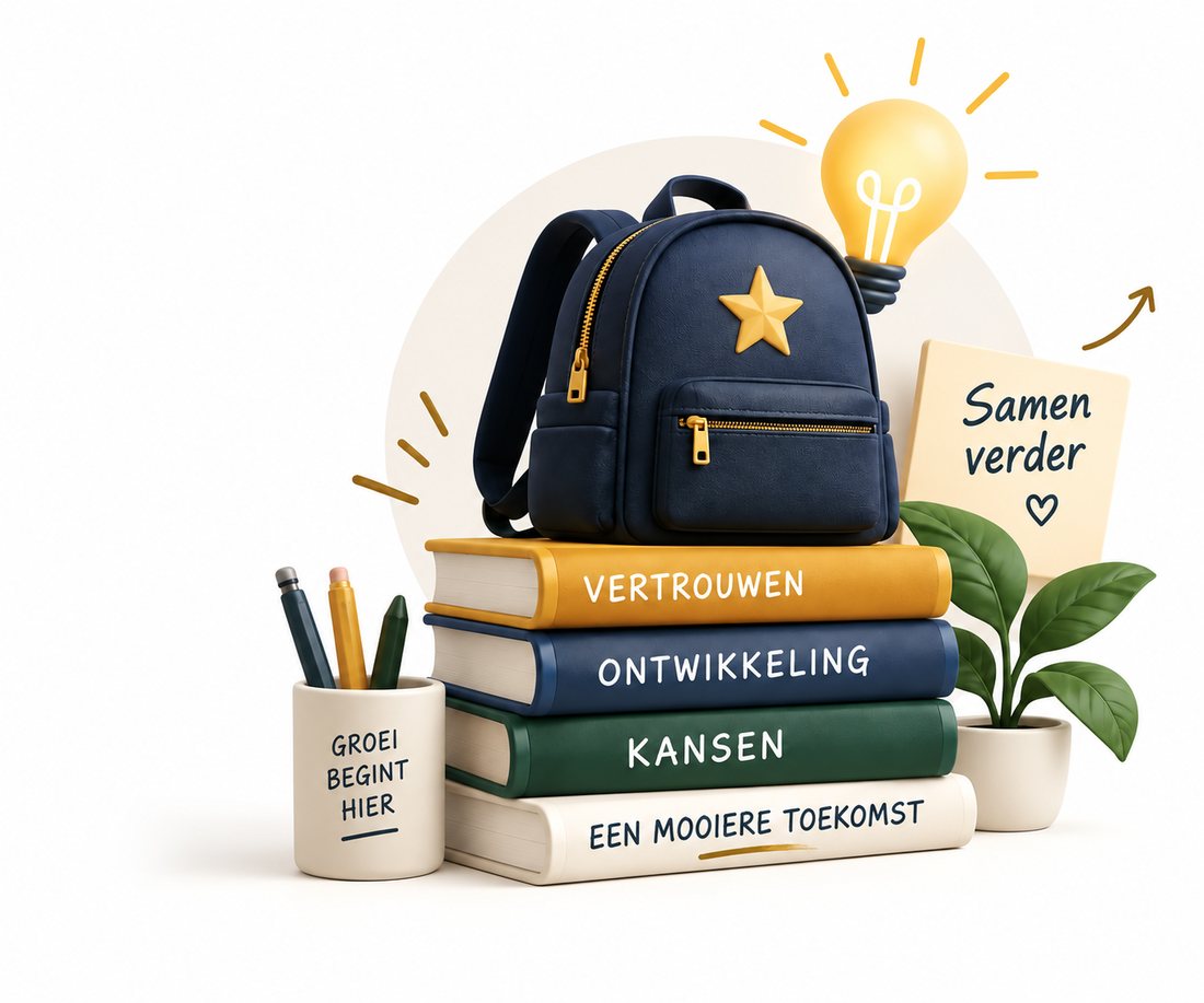 Een illustratie van een rugzak met een gouden ster op een stapel boeken met de woorden vertrouwen, ontwikkeling en kansen, naast een gloeilamp en een briefje met &ldquo;Samen verder&rdquo;.